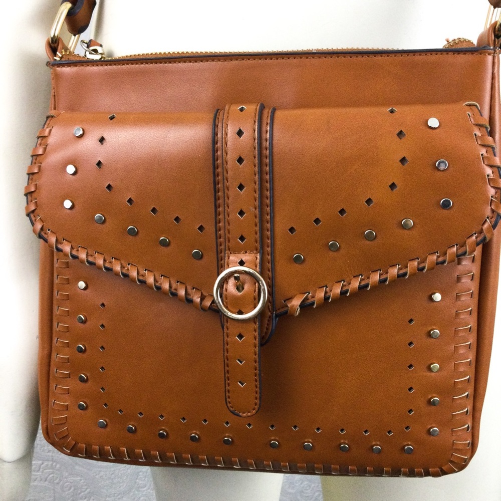 Sole Society crossbody handbag hands free travel cognac brown